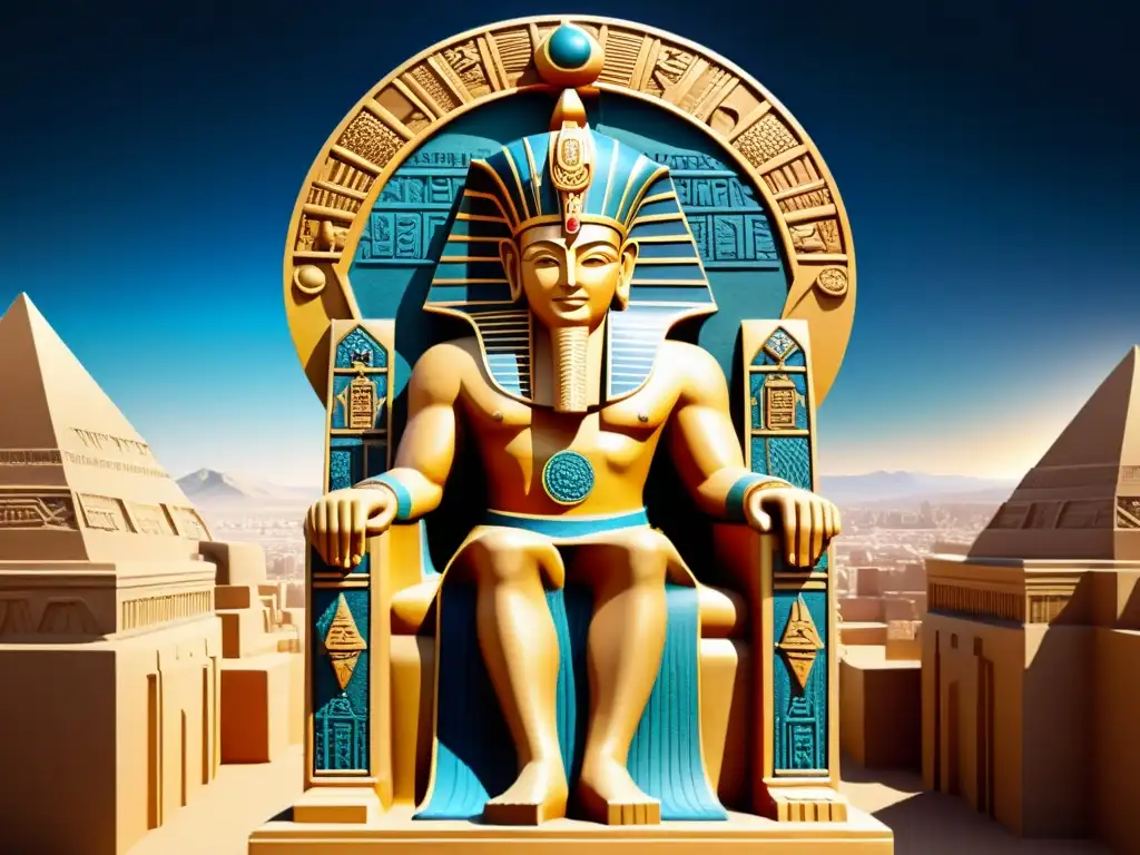 Ilustración sepia de Enki, dios sumerio, en trono sagrado Enki, deidad sumeria, irradia sabiduría y autoridad en su trono, reflejando la ética y moral en mitos sumerios