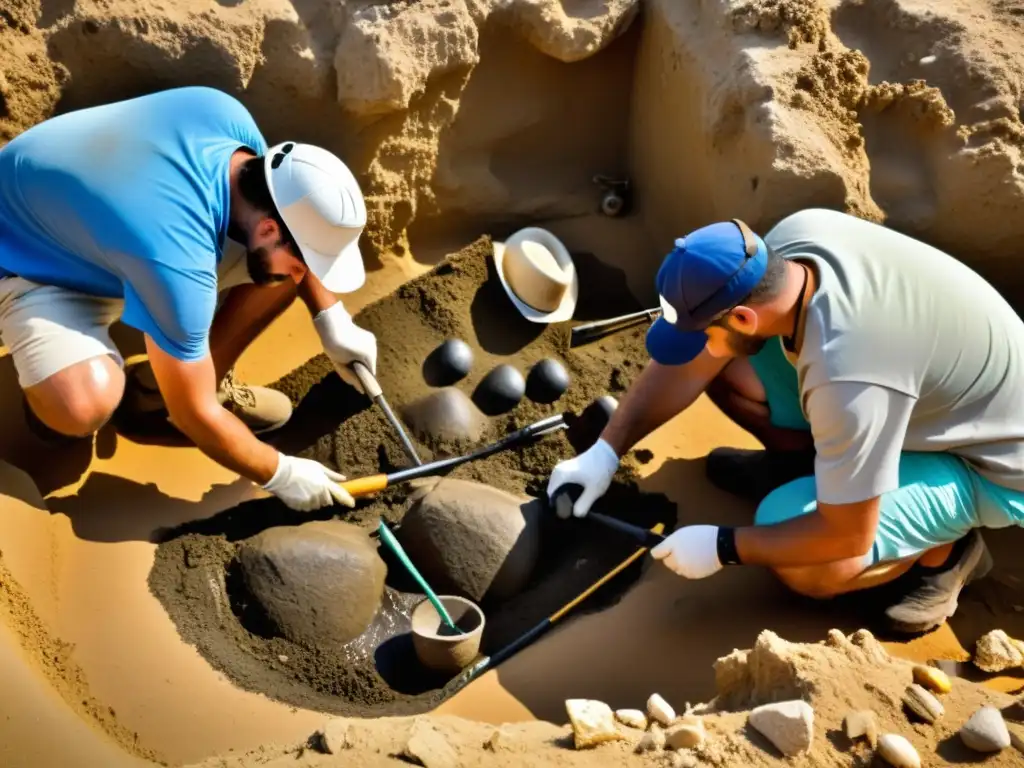 Excavación experta: descubriendo artefactos fenicios Un equipo de arqueólogos excavando artefactos fenicios en la costa mediterránea