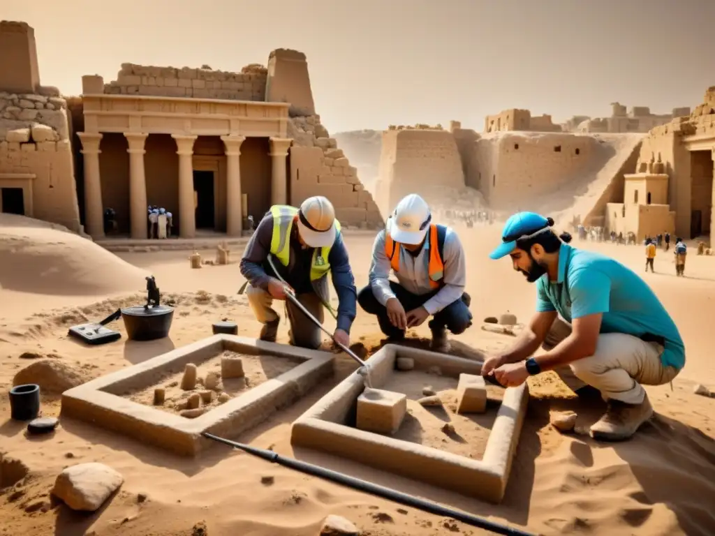 Equipo de arqueólogos usando herramientas digitales en excavación arqueológica del Medio Oriente
