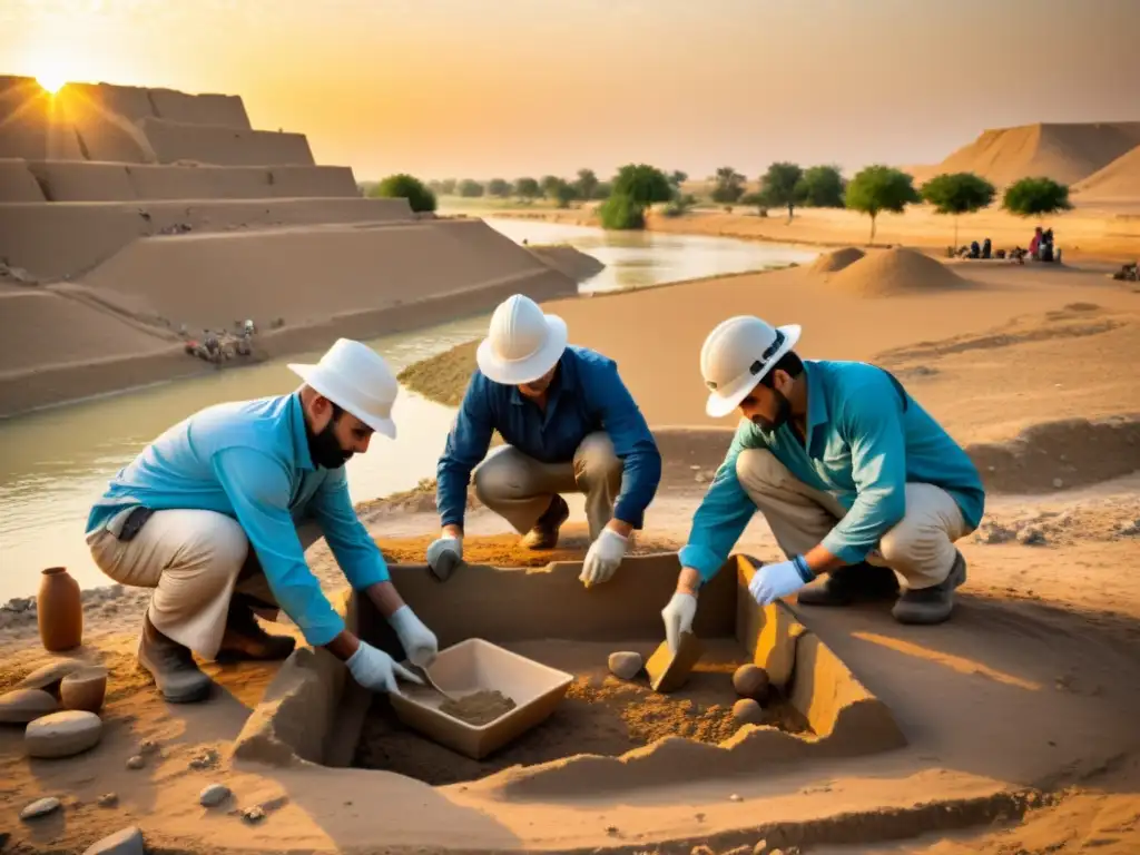 Equipo arqueológico explorando ríos antiguos en Mesopotamia al atardecer