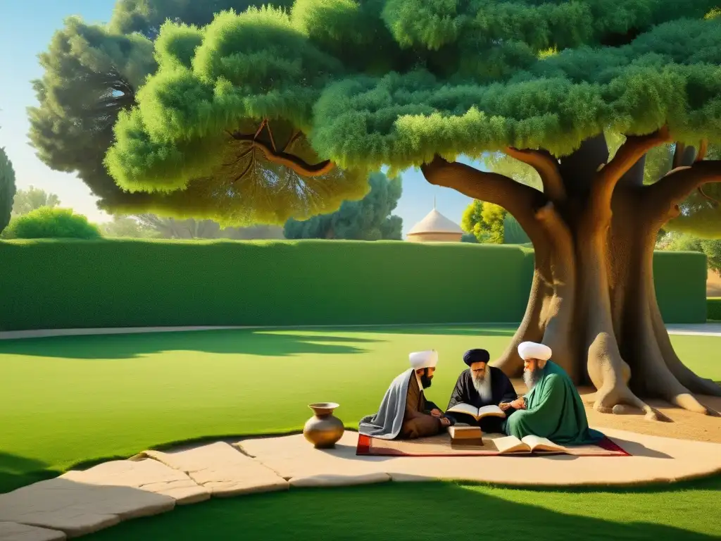 Ilustración sepia de eruditos persas estudiando manuscritos bajo un árbol en un jardín exuberante, con elementos arquitectónicos detallados al fondo