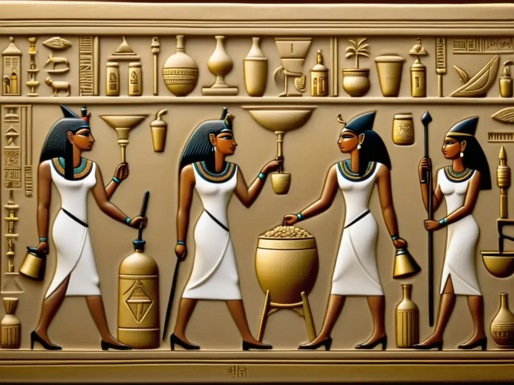 Relieve egipcio: elaboración de cerveza ritual Escena antigua en Egipto: elaboración de cerveza con trabajadores, mujeres moliendo y sacerdotes en ritual alrededor de grandes vasijas