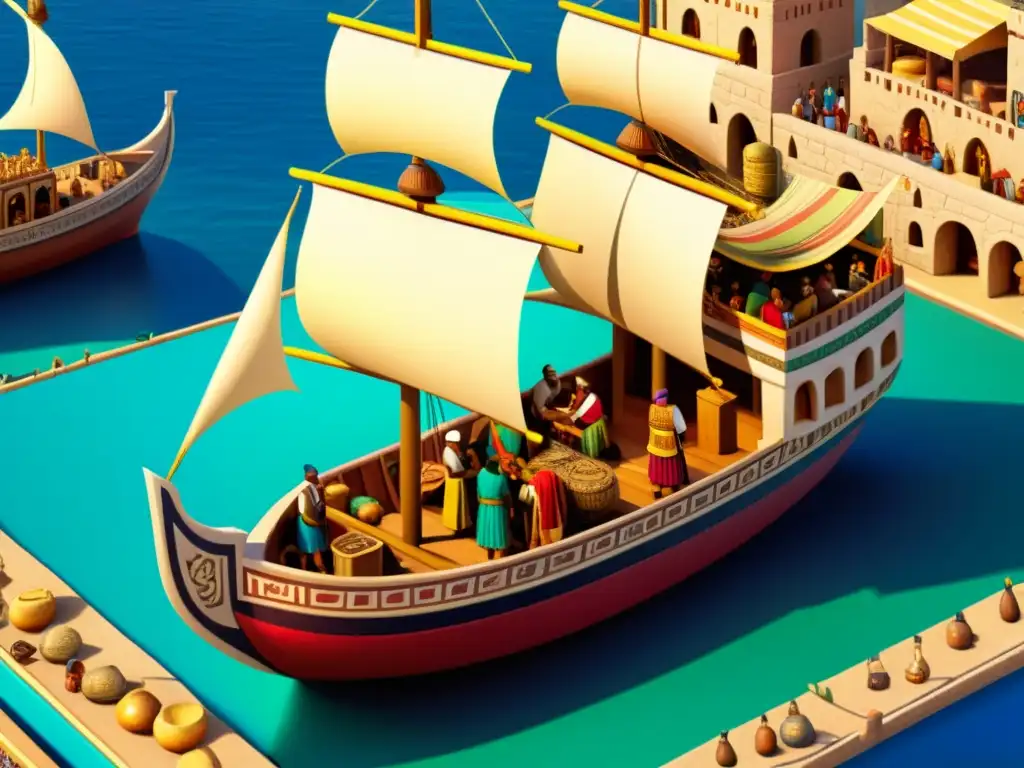 Escena sepia de barco fenicio en puerto bullicioso, comerciantes de diversas culturas en negociaciones animadas