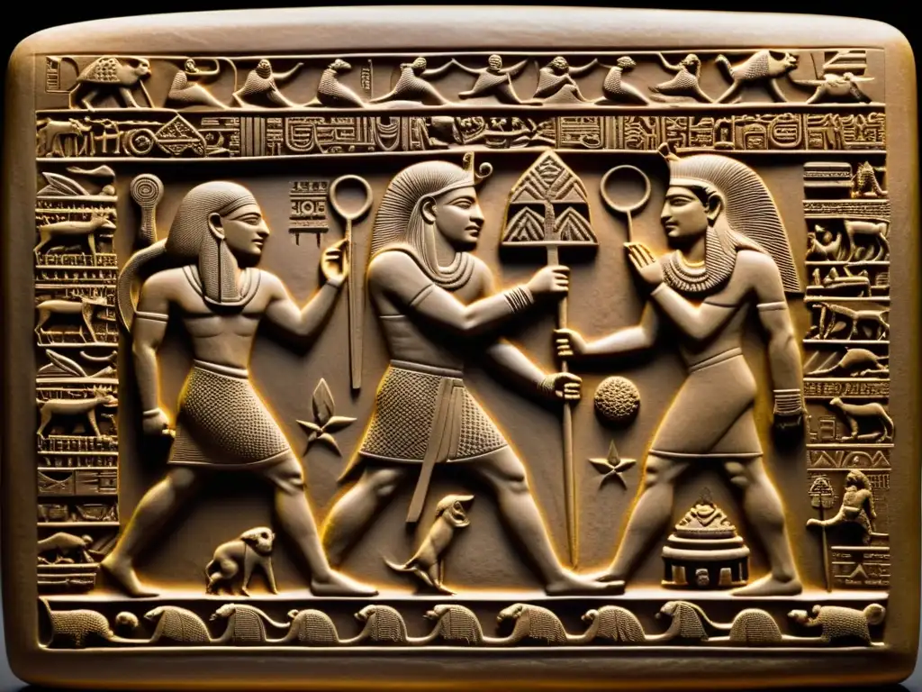 Tableta de barro sumeria: Enki y la creación de la humanidad Escena de Enki creando la humanidad según el mito sumerio, resaltando ética y moral en mitos sumerios