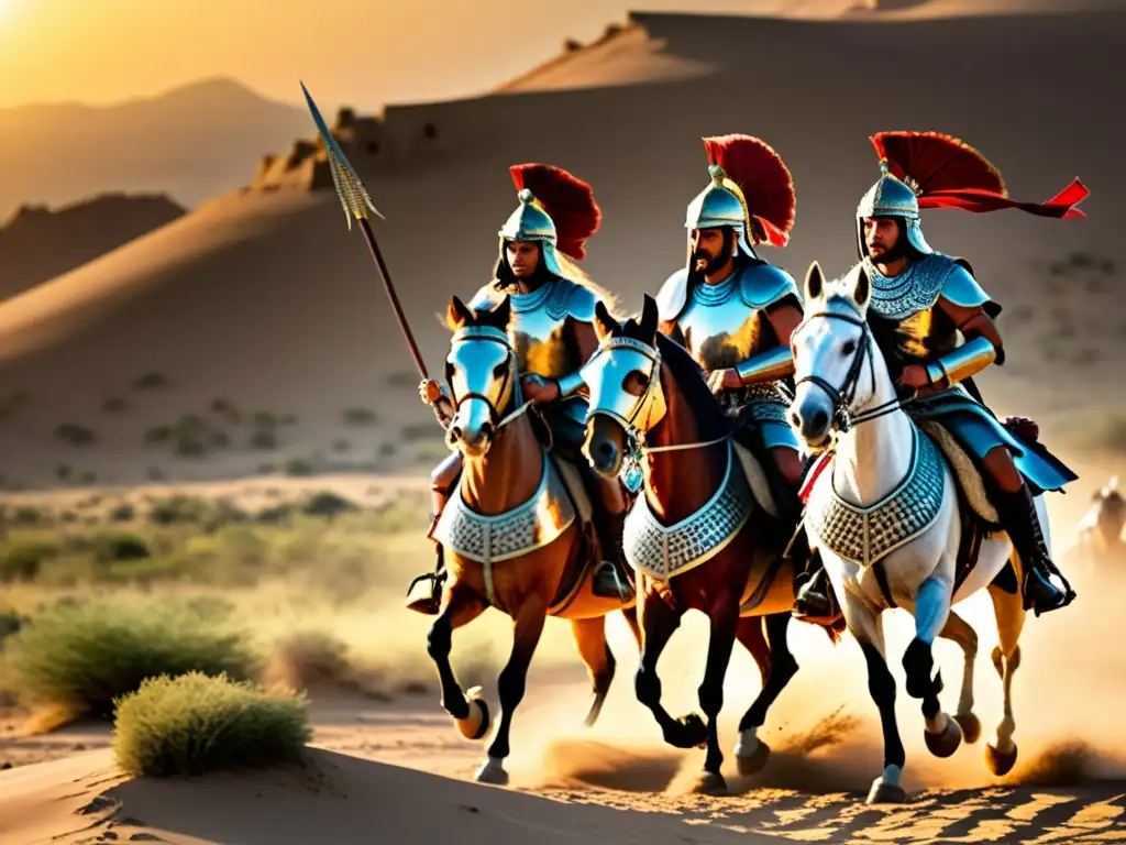 Una escena épica de guerreros partos a caballo en un paisaje desértico al atardecer, destacando el legado del Imperio Parto en Oriente