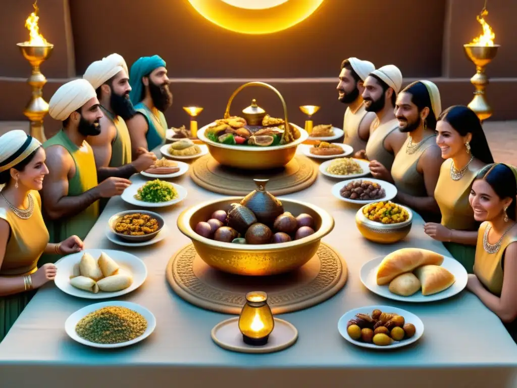 Banquete mesopotámico: escena detallada en sepia Una escena lujosa de un banquete mesopotámico con menús antiguos de Mesopotamia, comensales y decoraciones tradicionales