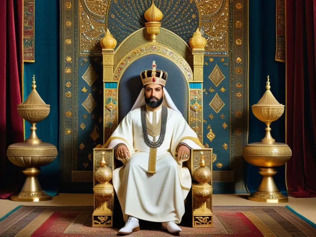 Rey Xerxes de Persia en trono real rodeado de lujo y poder Escena majestuosa en el trono de Xerxes, rodeado de nobles persas ofreciendo tributos de oro y joyas