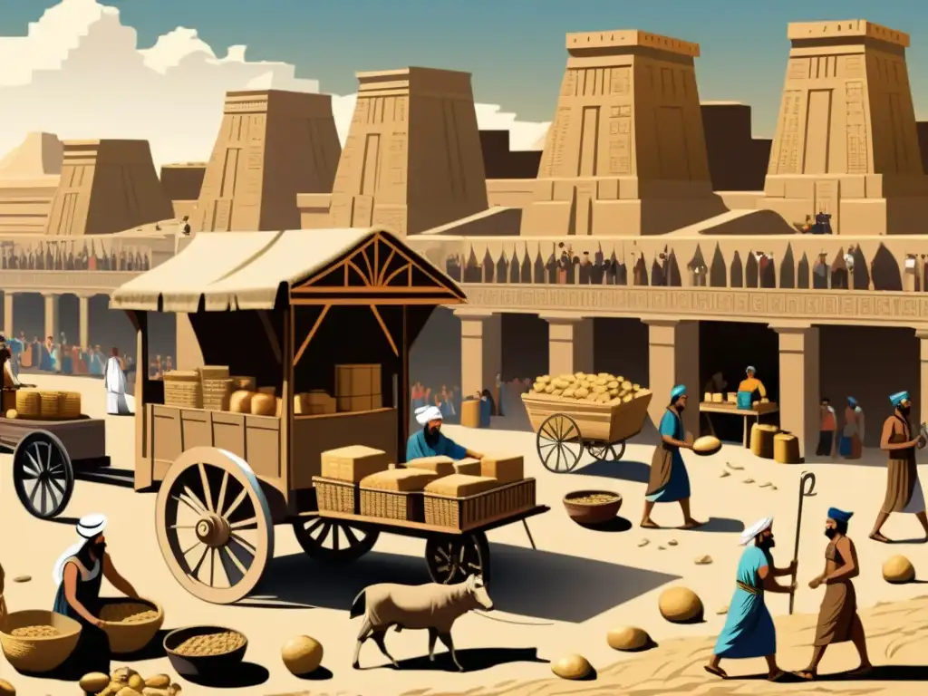 Escena de mercado sumerio con innovaciones tecnológicas y el impacto de la rueda en el transporte de mercancías