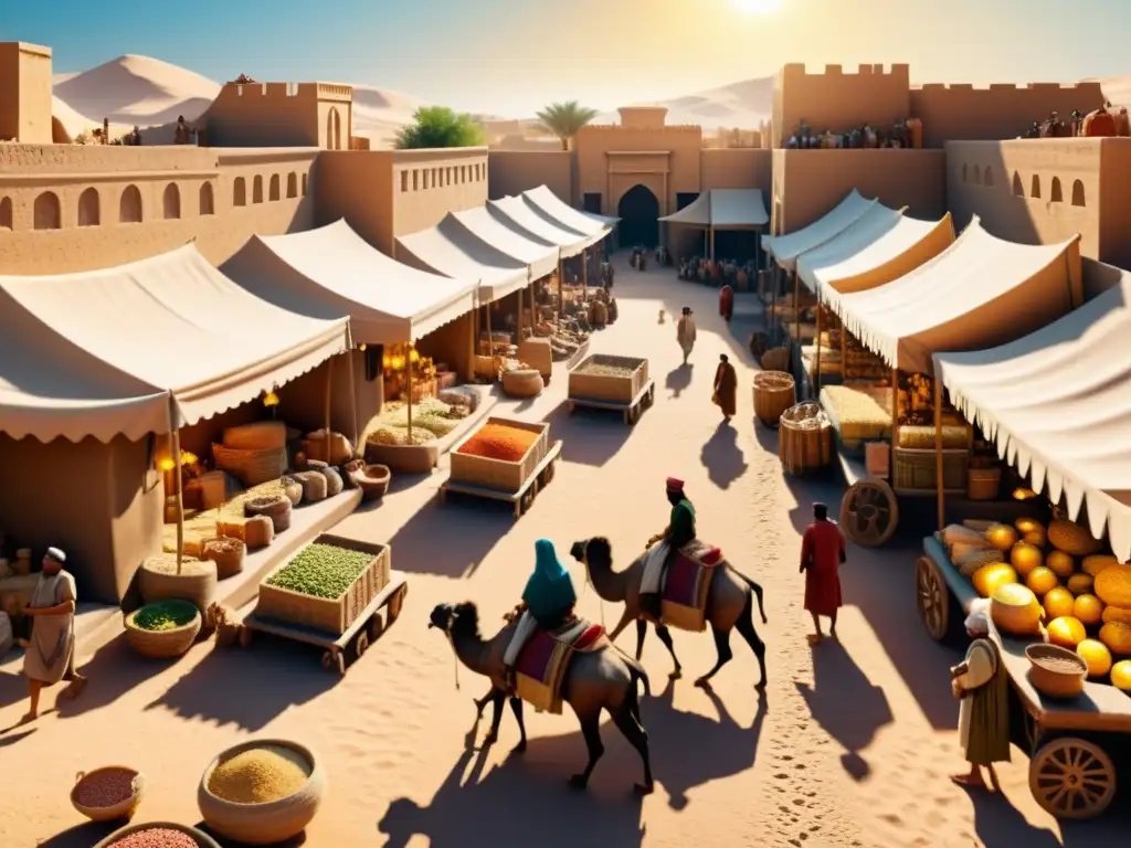Escena vibrante de un mercado antiguo en Mesopotamia, con comerciantes intercambiando productos