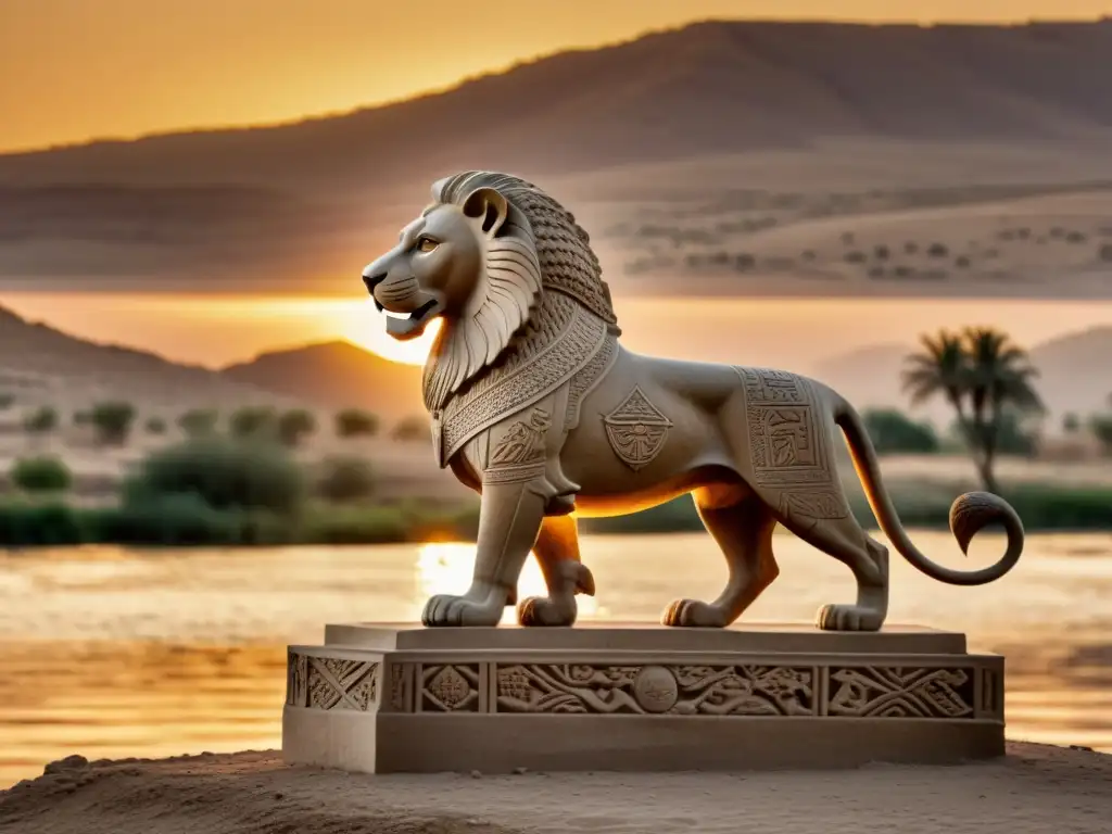 Escultura antigua de un majestuoso león con detalles mesopotámicos, frente al río Éufrates al atardecer