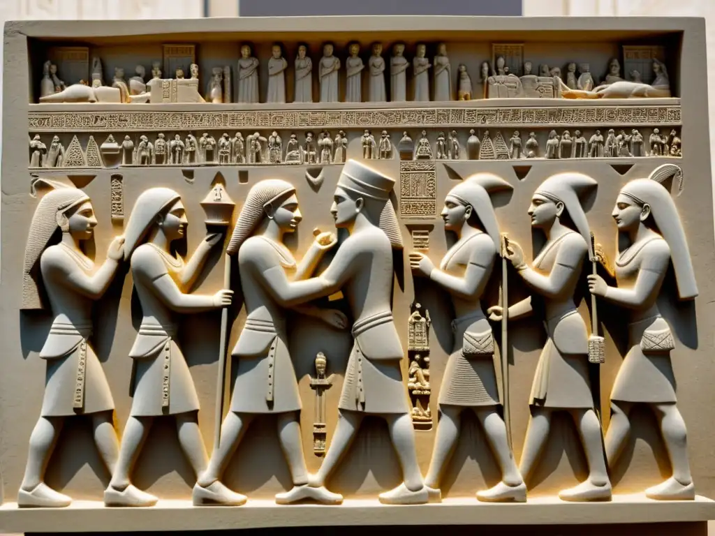 Escultura en relieve sepia de rituales funerarios en el arte mesopotámico