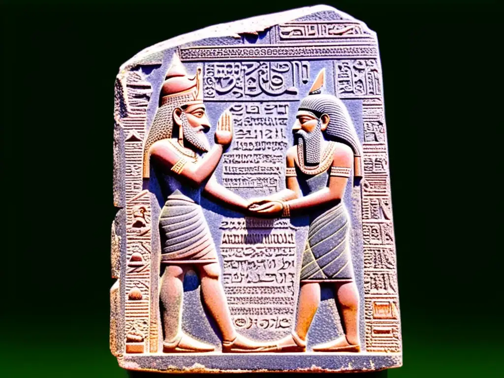 Estela de Hammurabi recibiendo el código de leyes de Shamash, con atmósfera de justicia y ley en Babilonia