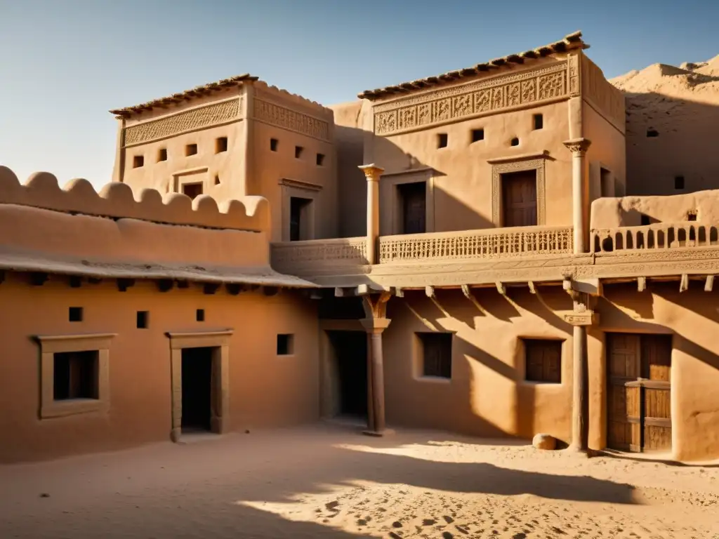 Una estructura de adobe en Oriente Medio, con detalles terrosos y texturas desgastadas, exuda historia y herencia cultural
