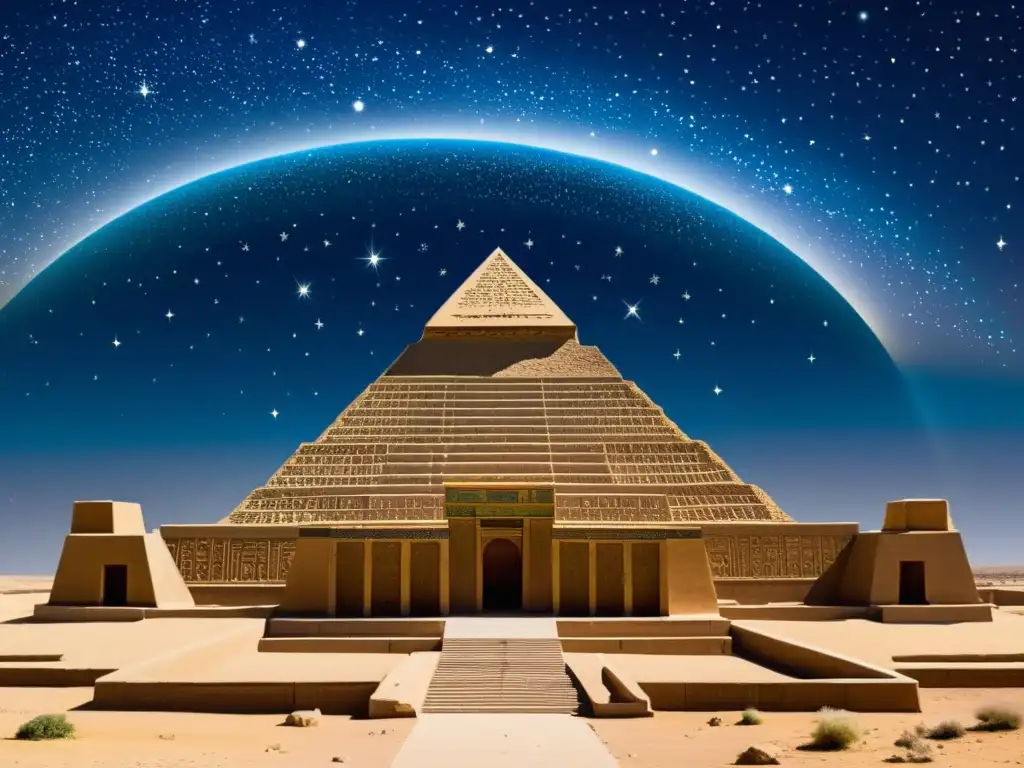 Babilonia nocturna: ziggurats, estrellas y sabios en armonía Un evocador ilustración sepia del cielo nocturno sobre la antigua Babilonia, destacando la fusión de Astrología y Astronomía Babilónica