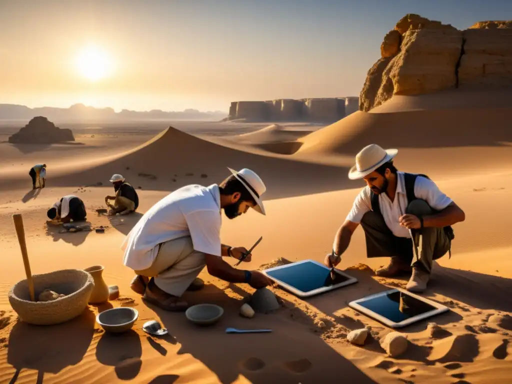 Excavación de arqueólogos en Medio Oriente con herramientas digitales, integrando pasado y futuro