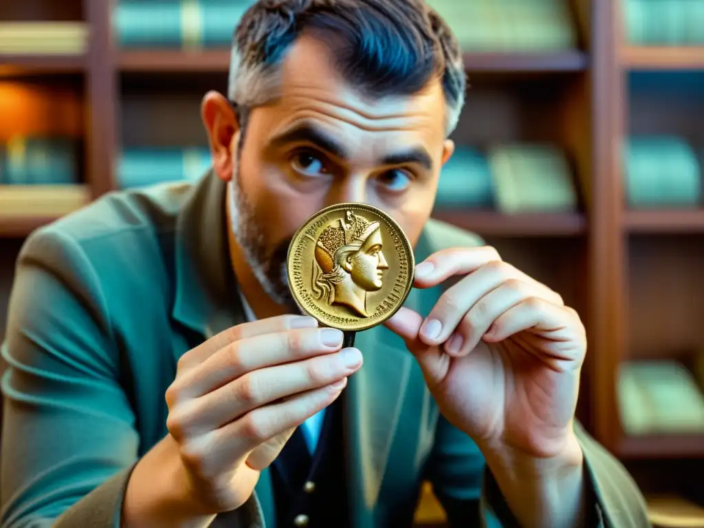 Experto numismático examinando moneda urartiana antigua Experto autentica monedas antiguas Urartu bajo lupa, en ambiente académico