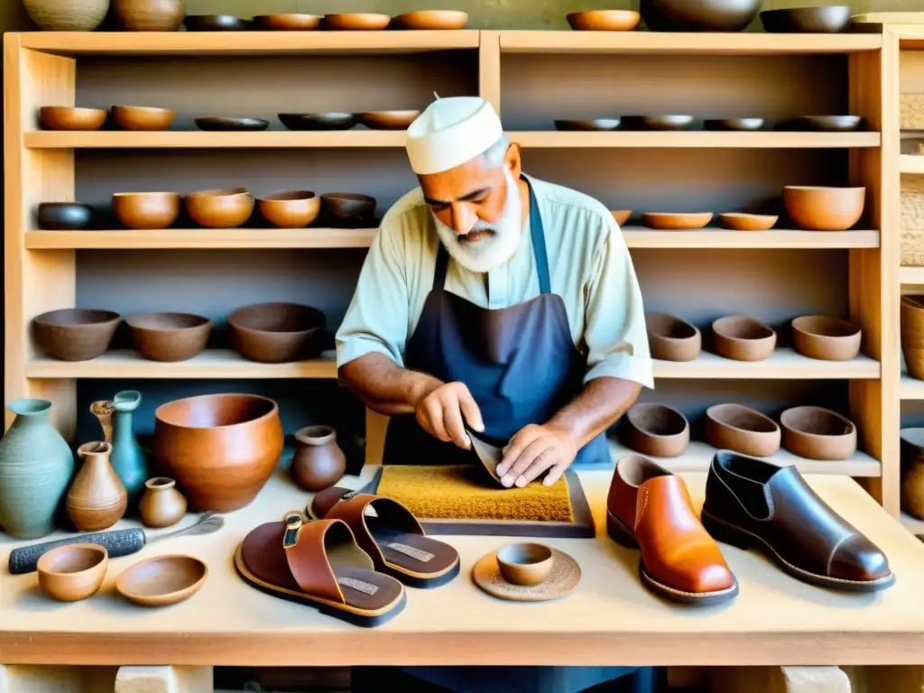 Ilustración detallada: Zapatero mesopotámico confeccionando sandalias Un experto zapatero mesopotámico confecciona sandalias, rodeado de herramientas y un mercado bullicioso