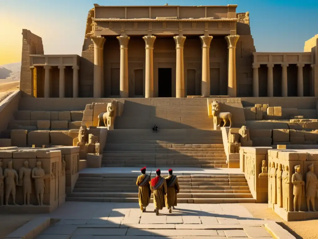Exploración de la antigua civilización Persa en Persepolis: soldados y delegados ascendiendo la escalera de la Apadana entre majestuosos toros alados, con el sol poniéndose al fondo