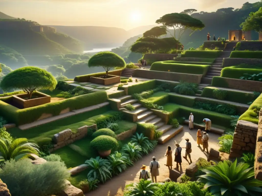 Excavación arqueológica al atardecer en jardines antiguos Exploración arqueológica en jardines colgantes al atardecer