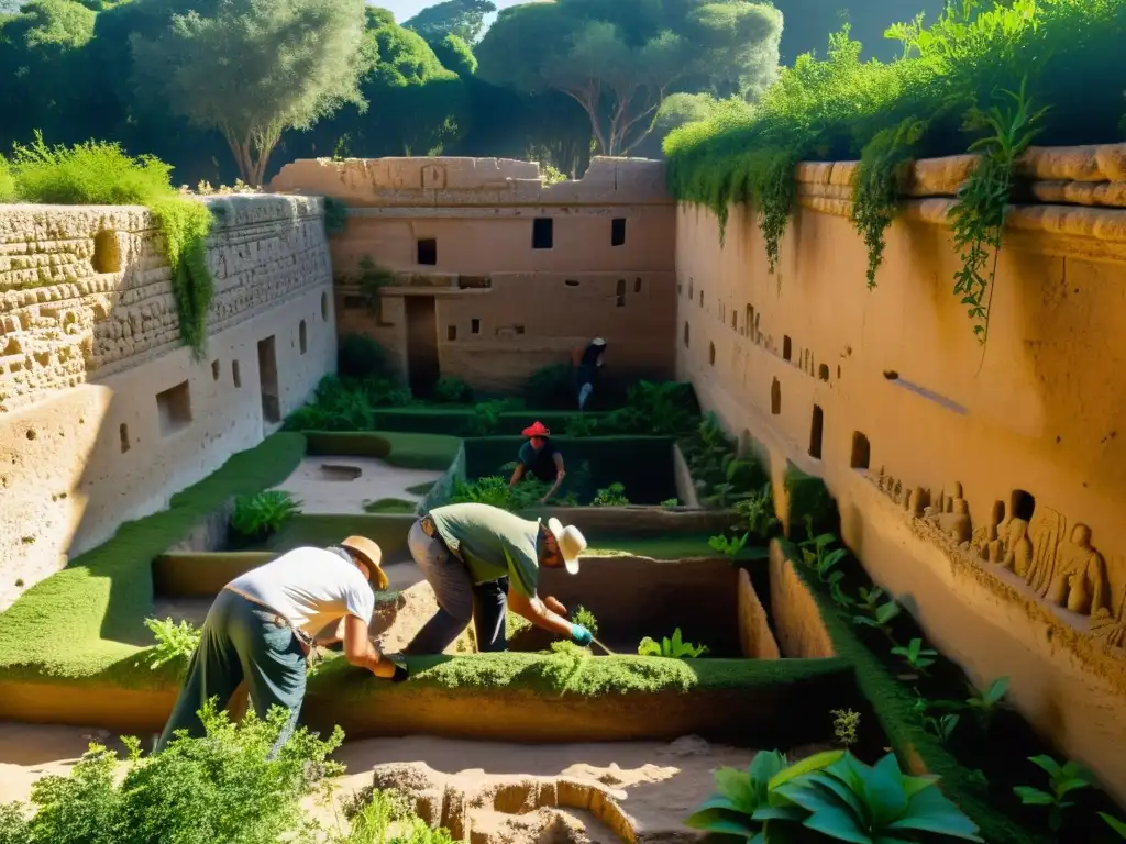 Excavación meticulosa en los Jardines Colgantes: historia y naturaleza Exploración arqueológica en los jardines colgantes: equipo revela ruinas y vegetación entre piedras talladas, bajo el sol cálido