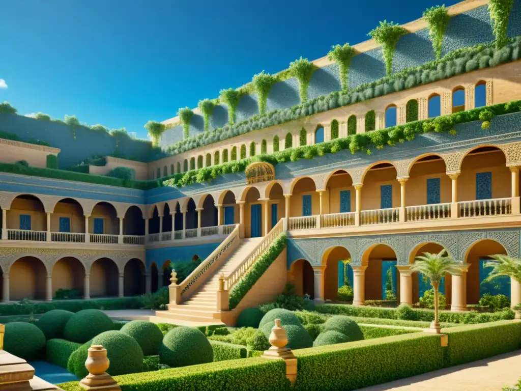 Jardines Colgantes de Babilonia: Maravilla Histórica en Sepia Exploración arqueológica en los jardines colgantes de Babilonia, detalles intrincados y verdor exuberante en terrazas de piedra