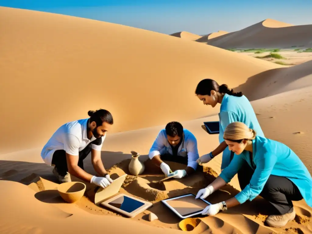 Exploración arqueológica en Medio Oriente: equipo utilizando herramientas digitales para descubrir artefactos antiguos entre dunas