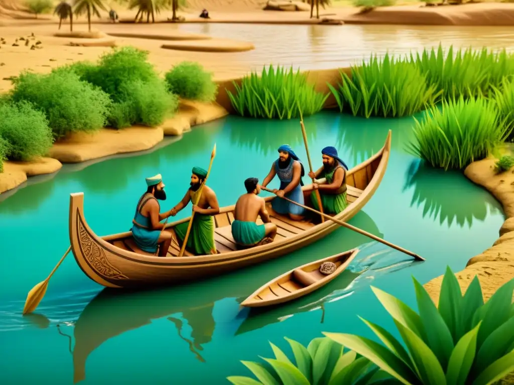 Exploración de ríos antiguos en Mesopotamia: ilustración detallada de exploradores navegando el río con tecnología sonar primitiva