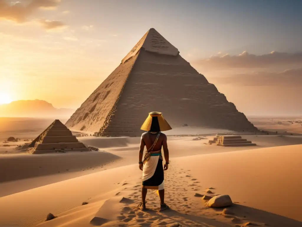 Explorador moderno ante pirámide egipcia: detalle en 8k Explorador admira pirámide egipcia al atardecer, en Encuentros espirituales Oriente Antiguo