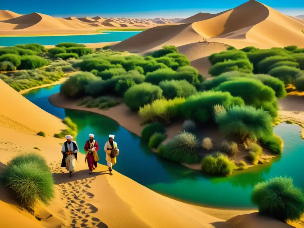 Exploradores persas antiguos consultan mapas en oasis exuberante