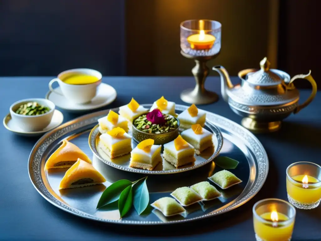 Delicias persas: bandeja de postres tradicionales con té Exquisitos postres tradicionales Persia presentados con elegancia en bandeja de plata