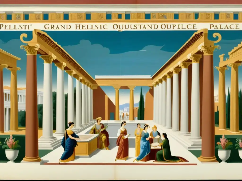 Palacio helenístico: mujeres en la corte seléucida Exuberante patio helenístico de la corte seléucida con mujeres participando en diversas actividades