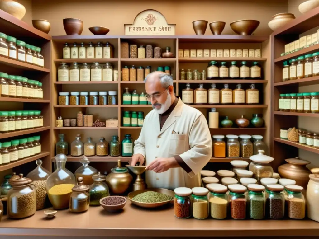 Farmacopea antigua en Oriente: un bazar detallado con hierbas y especias, un farmacéutico ayudando a un cliente con una balanza tradicional