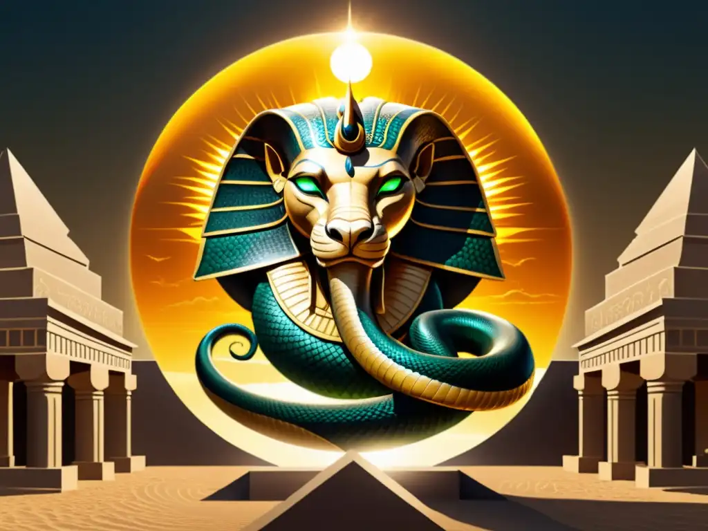 Ilustración sepia de la feroz Serpiente Apophis enroscada al dios sol Ra, en un templo egipcio místico