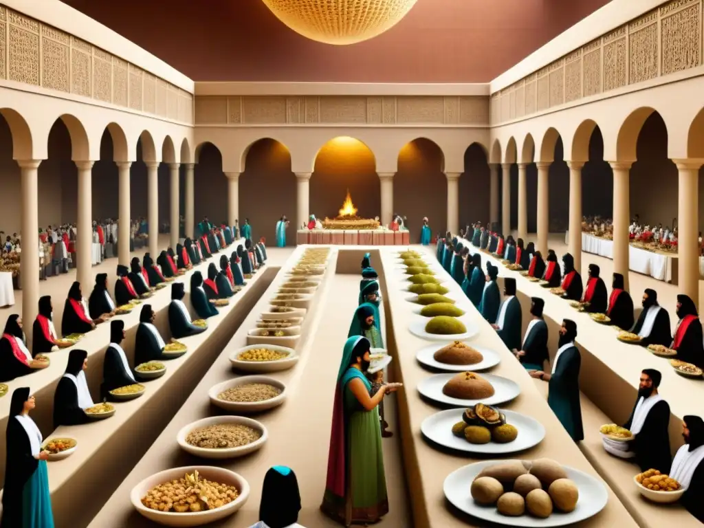 Banquete opulento en Mesopotamia: ilustración detallada en sepia Un festín antiguo en Mesopotamia: mesas llenas de manjares y gente vestida con atuendos tradicionales, rodeados de música y decoraciones vibrantes