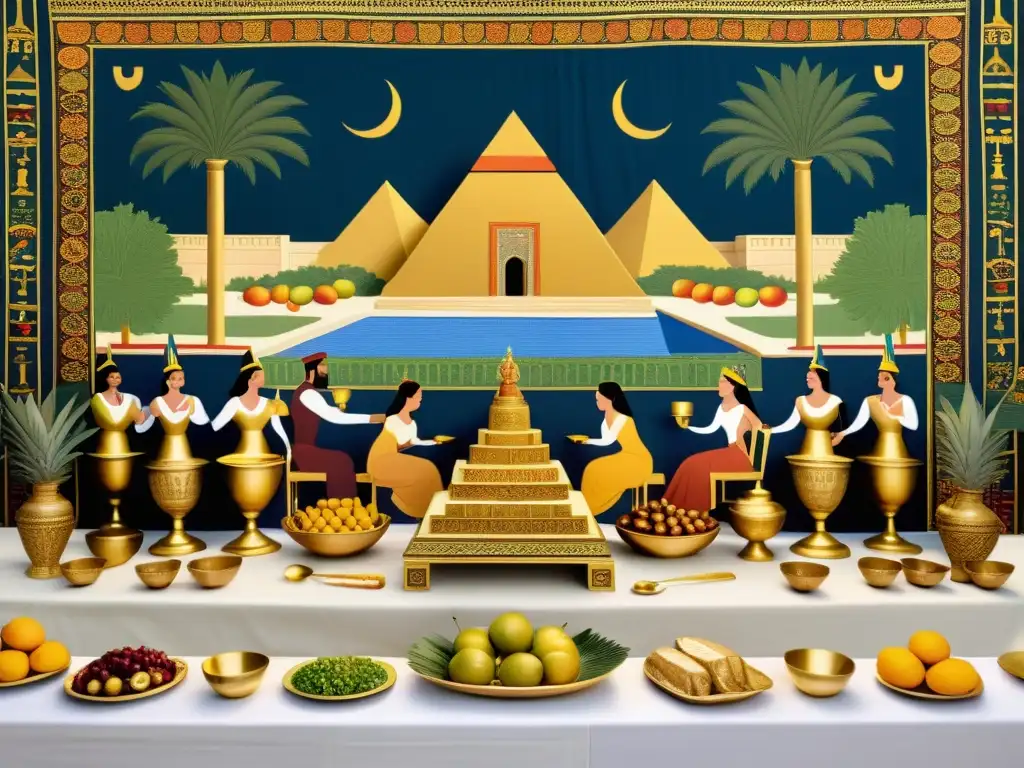 Banquete opulento en Babilonia: una escena histórica en sepia Un festín opulento en Babilonia: mesa repleta de frutas, carnes y vinos, con invitados vestidos de Mesopotamia
