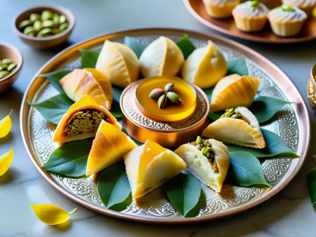 Delicias persas: Baklava, zoolbia y bamieh en bandeja de cobre Un festín de postres tradicionales Persia: baklava, zoolbia y bamieh bañados en miel y pistachos, rodeados de hojas verdes y especias