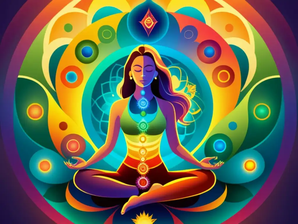 Figura serena rodeada de energía, representando los siete chakras con patrones vibrantes
