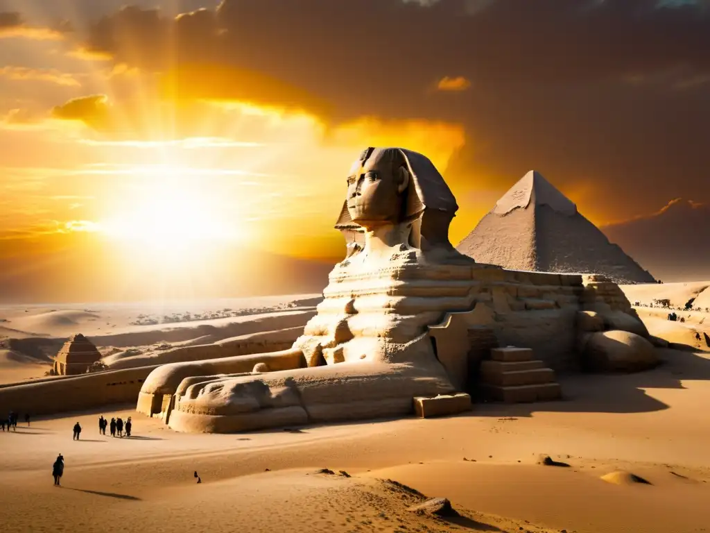 La Gran Esfinge de Giza en sepia bajo un cálido atardecer dorado, evocando adoración solar cultura egipcia