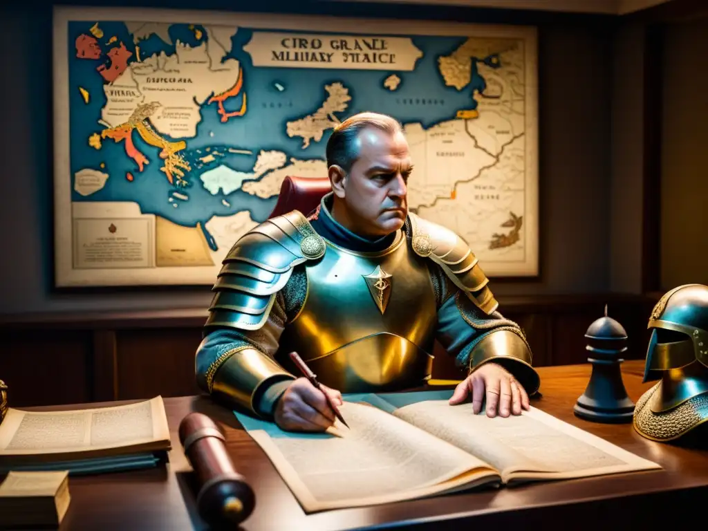 Ilustración sepia de Ciro el Grande en su estrategia militar, rodeado de mapas y armas antiguas en una sala de guerra
