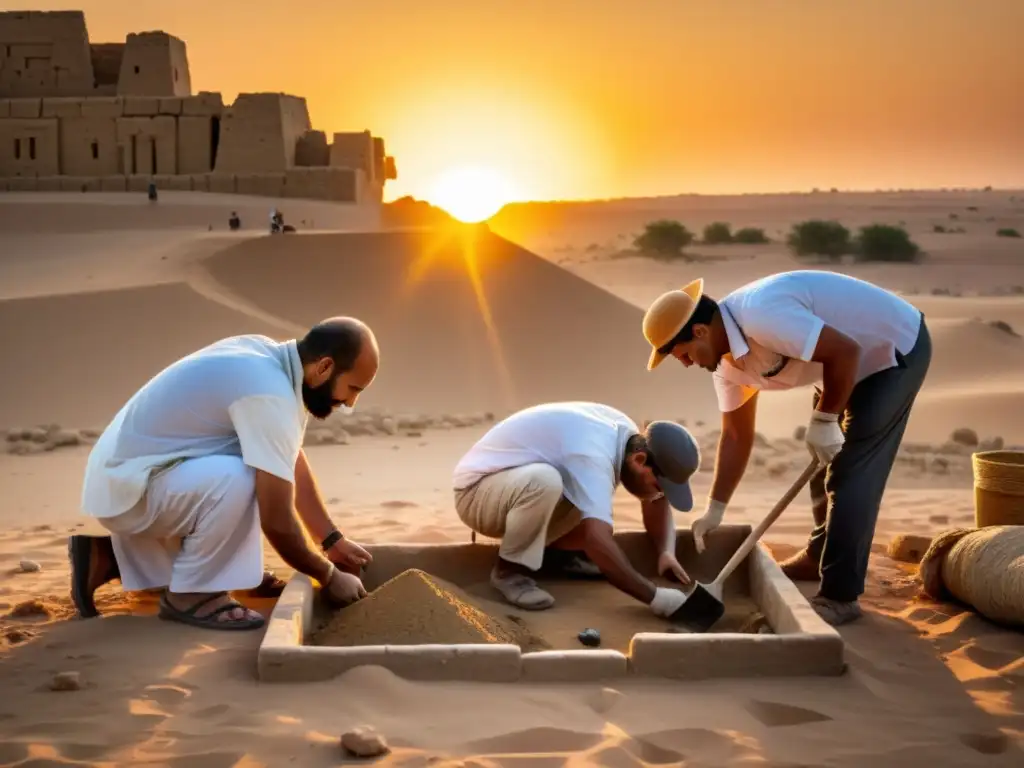 Un grupo de arqueólogos excavando artefactos antiguos en Medio Oriente al atardecer, mezclando métodos tradicionales con herramientas digitales