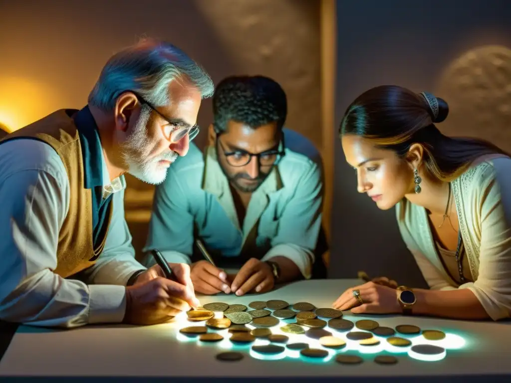 Examinando monedas Urartianas: detalle histórico Un grupo de arqueólogos autentica meticulosamente monedas antiguas Urartu bajo intensa luz, creando una atmósfera de dedicación académica