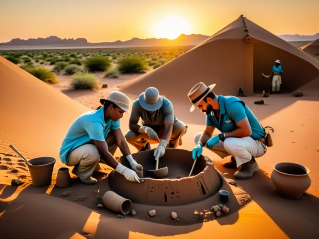 Un grupo de arqueólogos excava con cuidado antigüedades era Elamita al atardecer en el desierto