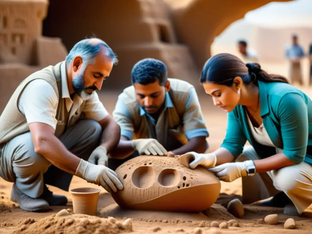 Un grupo de arqueólogos excavando con cuidado una escultura de barro del Antiguo Oriente, capturando detalle y emoción