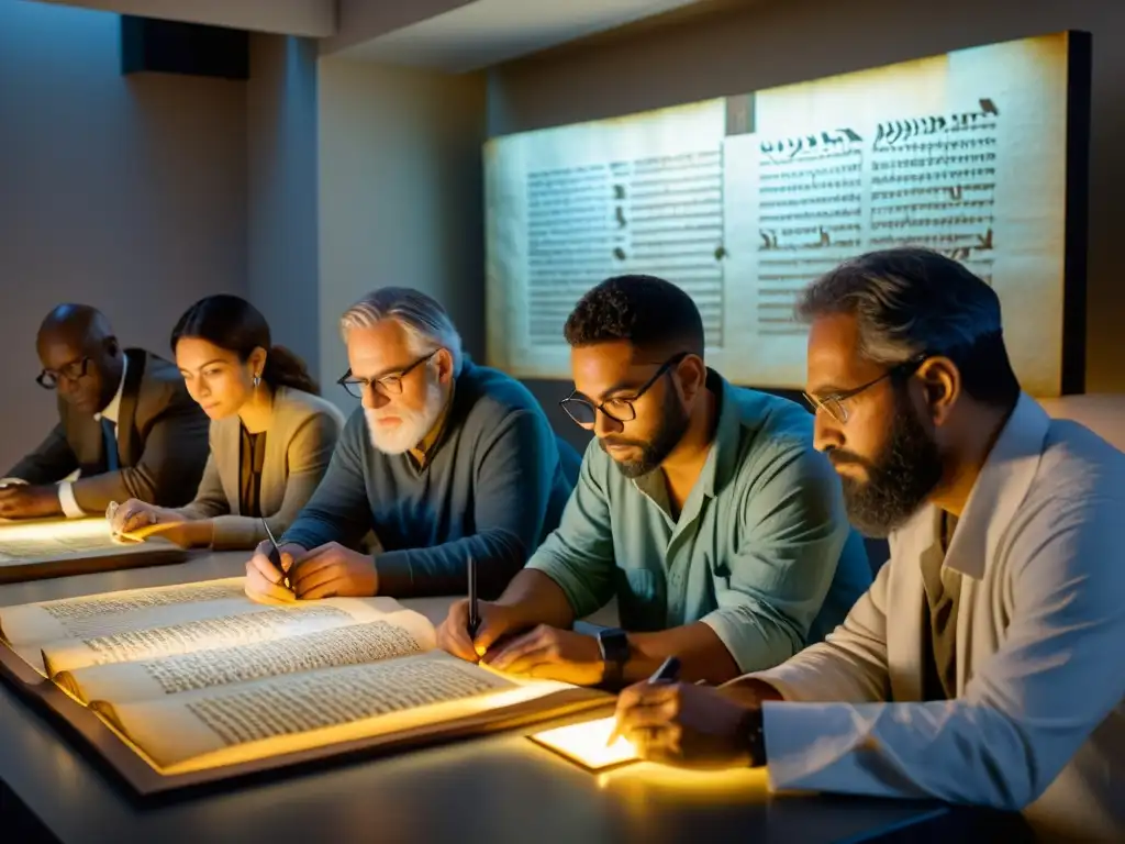 Un grupo de arqueólogos examina manuscritos hebreos antiguos con tecnología avanzada en un laboratorio tenue