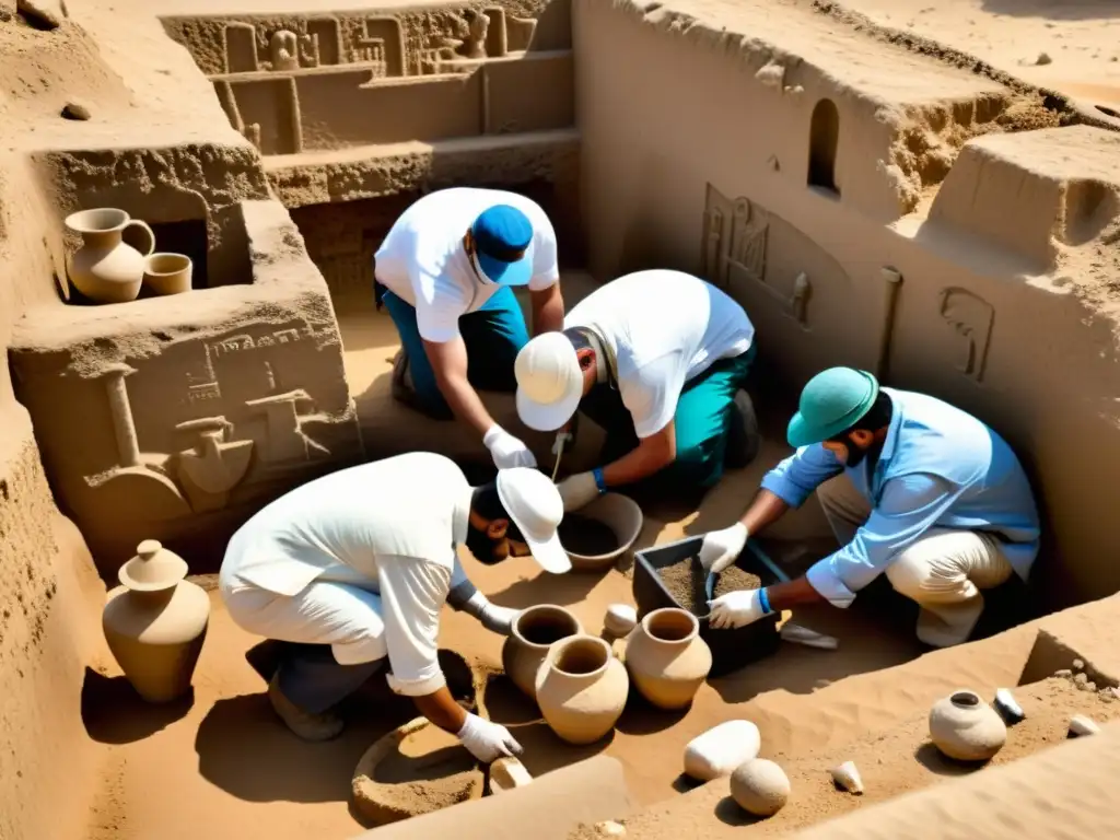 Excavación arqueológica en Oriente Medio: Misterio y Antigüedades Grupo de arqueólogos excavando un sitio funerario antiguo en Medio Oriente, rodeados de artefactos