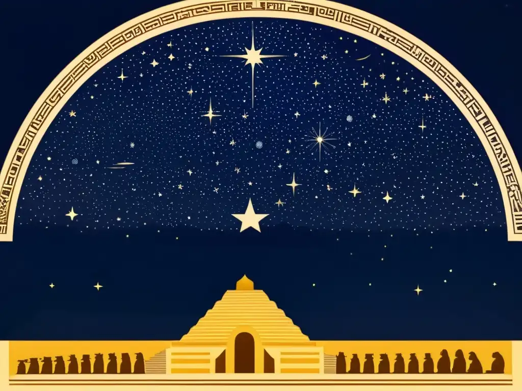 Babilonia mística: astrónomos estudian el firmamento Un grupo de astrónomos estudia el cielo nocturno sobre la antigua Babilonia, con las constelaciones zodiacales en sepia