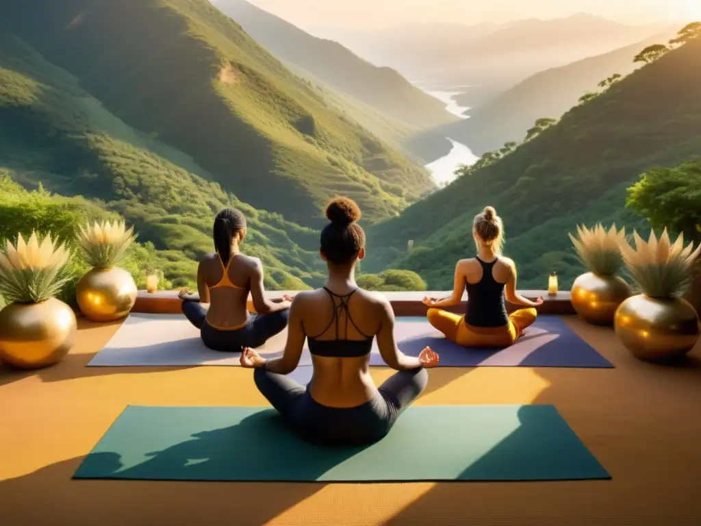 Retiro espiritual en la montaña: yoga, meditación y mantras milenarios Grupo diverso practica yoga y meditación en retiro espiritual en la montaña