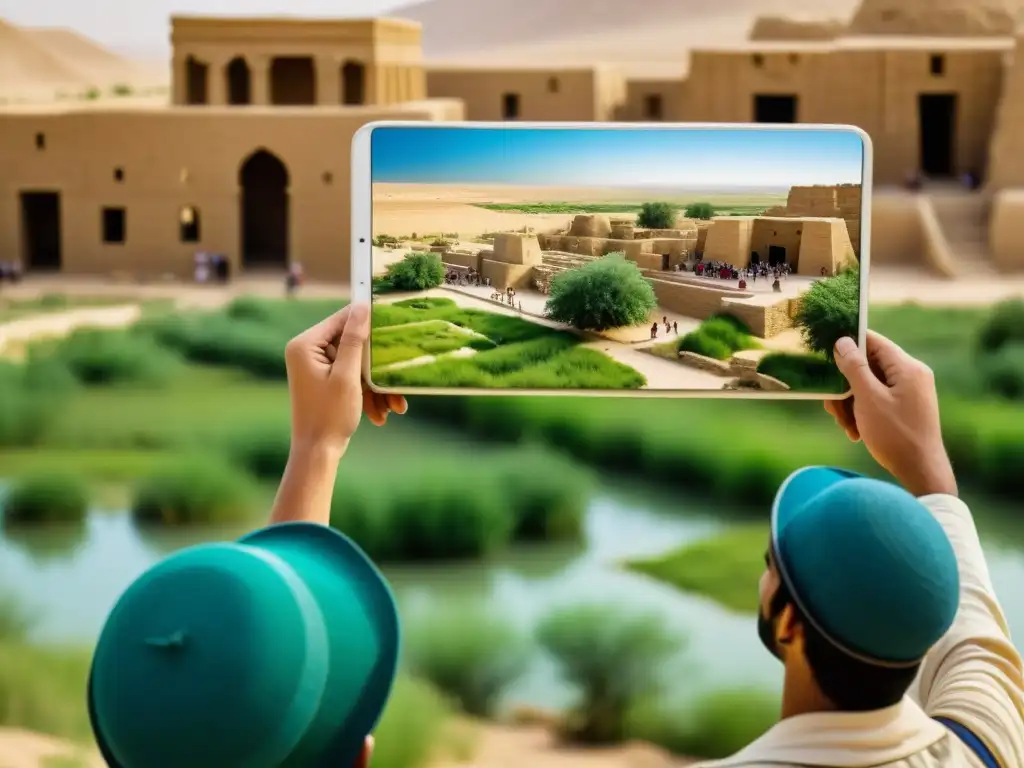 Un grupo diverso de turistas participando en actividades sostenibles y respetuosas en Mesopotamia