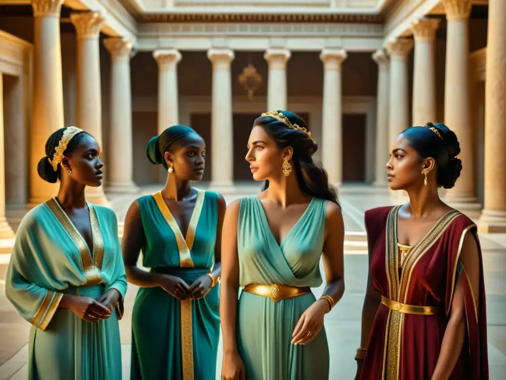 Conversaciones elegantes en la corte seléucida: detalle en 8k Grupo de elegantes mujeres en la corte seléucida, con túnicas helénicas, conversando en opulentos salones