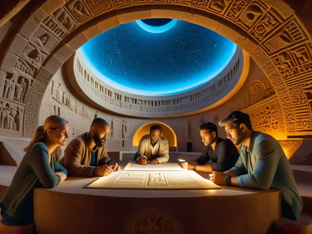 Un grupo de estudiosos de la astrología babilónica examina antiguos pergaminos bajo la tenue luz de la cúpula del observatorio, evocando misterio y reverencia por el conocimiento celestial